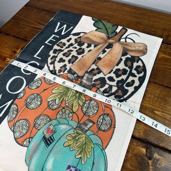 Welcome Autumn Fall Harvest Pumpkin Garden Flag Leopard Polka Dot & Teal Design - Picture 6 of 9